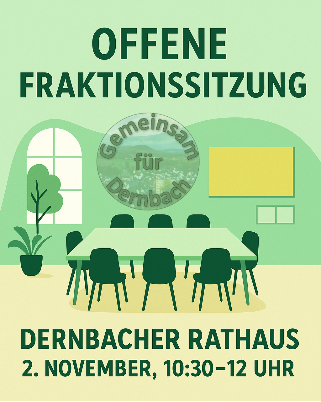 Grafisch gestaltetes Plakat in Grüntönen mit einem stilisierten Ratssaal, Tisch und Stühlen. Darauf steht: „Offene Fraktionssitzung – Dernbacher Rathaus, 2. November, 10:30–12 Uhr“. Unten das Logo von Gemeinsam für Dernbach.