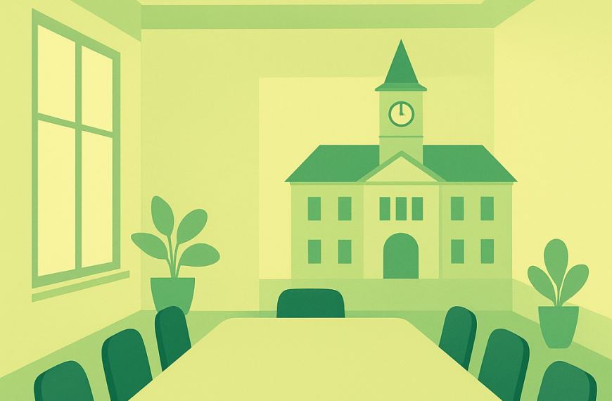 Grafik in Grüntönen mit einem stilisierten Rathaus im Hintergrund und einem Konferenztisch mit Stühlen im Vordergrund. Oben steht der Titel „Neues aus dem Gemeinderat“.