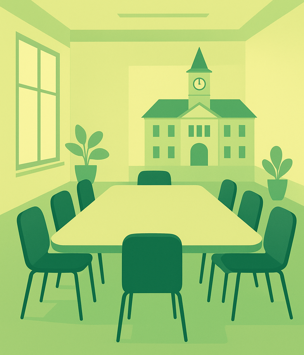 Grafik in Grüntönen mit einem stilisierten Rathaus im Hintergrund und einem Konferenztisch mit Stühlen im Vordergrund. Oben steht der Titel „Neues aus dem Gemeinderat“.